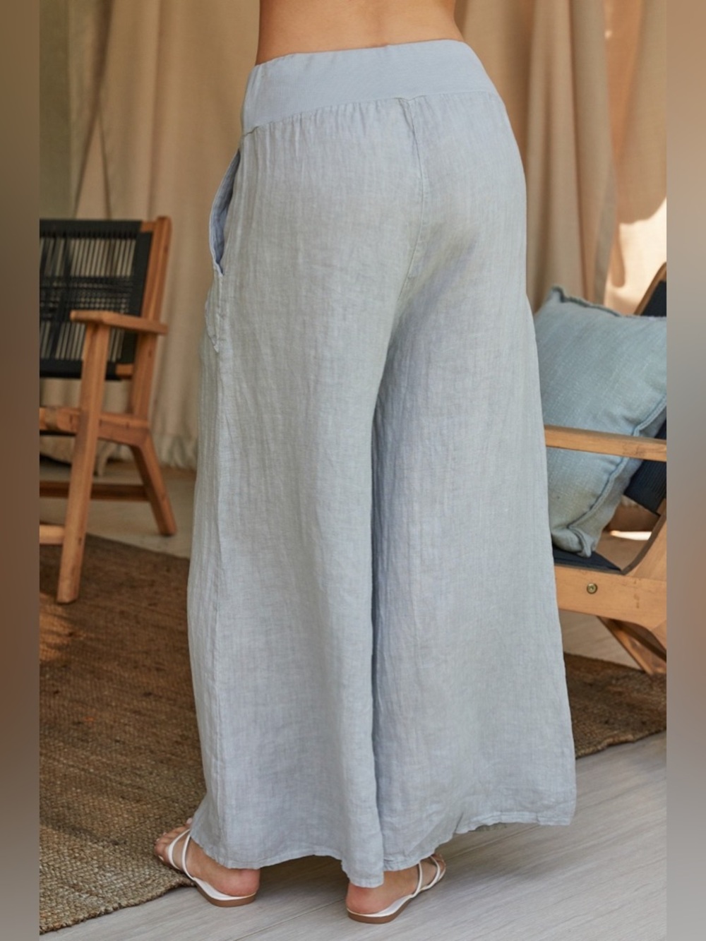 (18931-PRLGRY)  LINEN SEAM STITCH DETAIL WIDE LEG PANTS - Picture 3 of 4